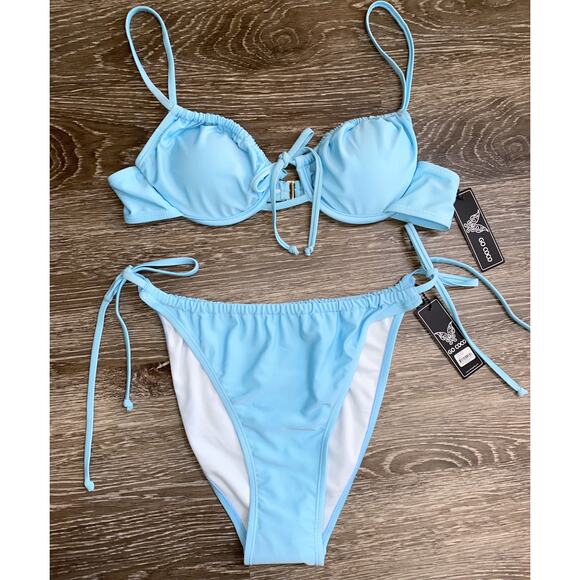 New Fashion Nova Large Blue Ruched Bikini Swim Suit Set Tie Adjustable Underwire - Picture 4 of 6